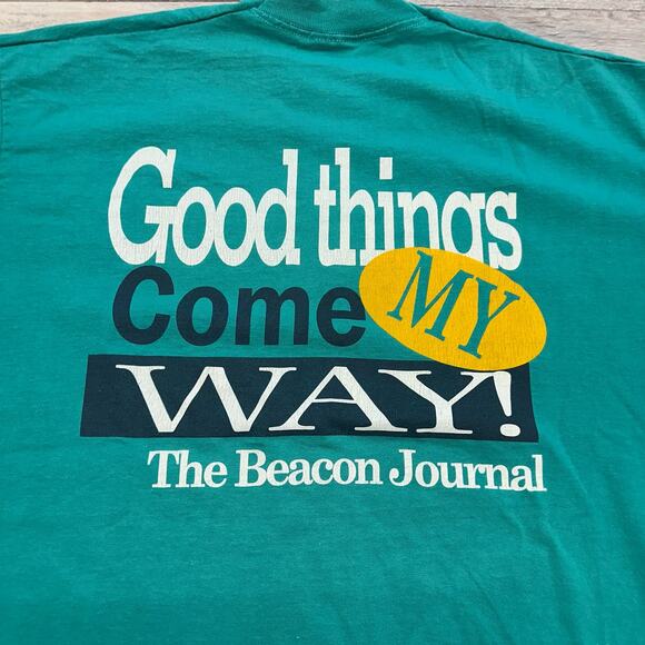 Vintage 90s Akron Beacon Journal Ohio Teal Mens XL Single Stitch Tee T-Shirt - Picture 1 of 9